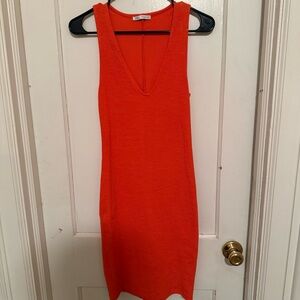 Zara Red Orange Textured Bodycon Midi Dress | Size S